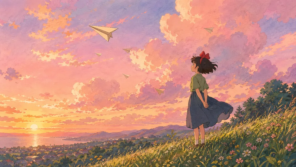 "Studio Ghibli style illustration, sunset, hand-painted watercolor"