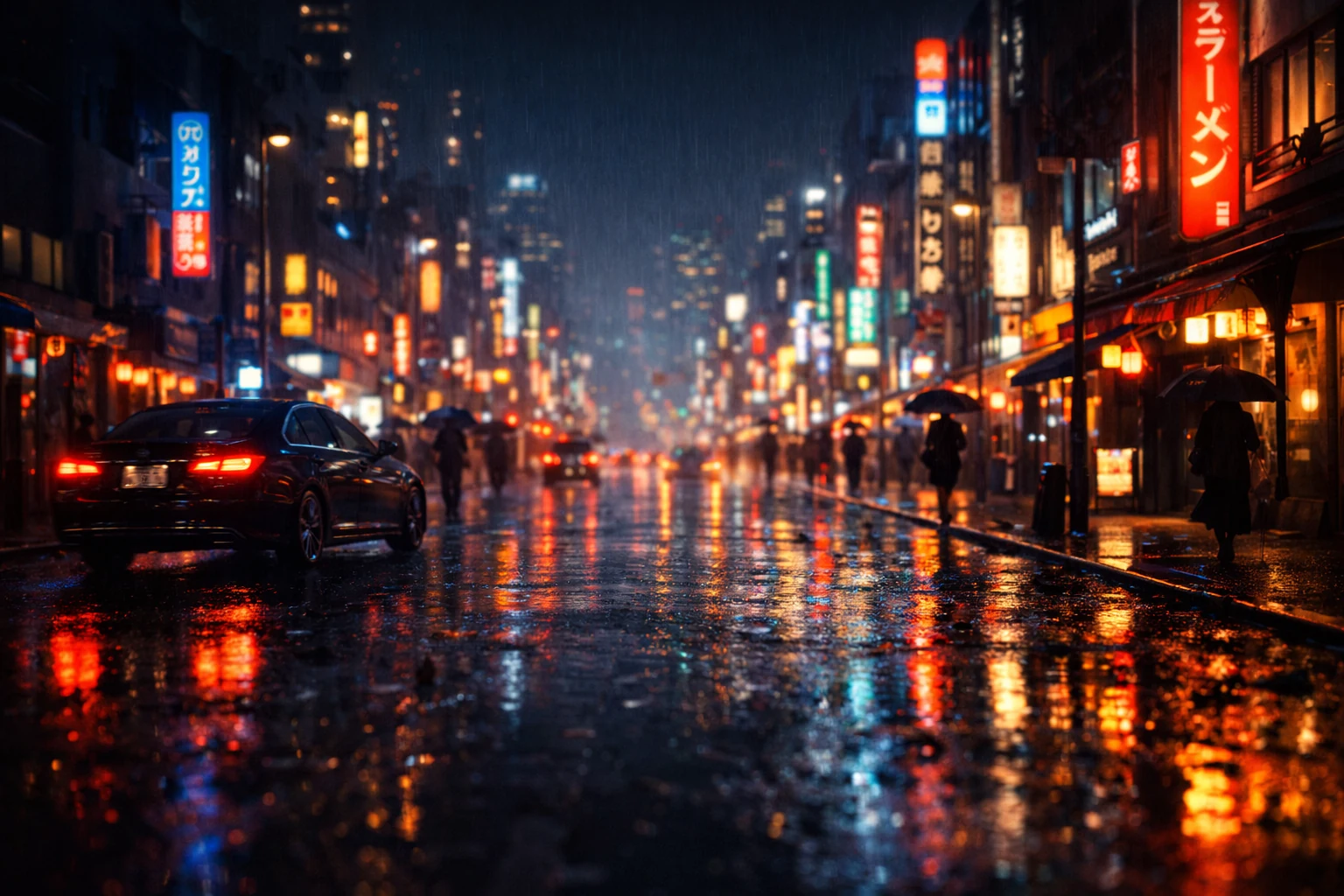 "Rain-soaked neon street scene rendered with FLUX 2 Pro realism"