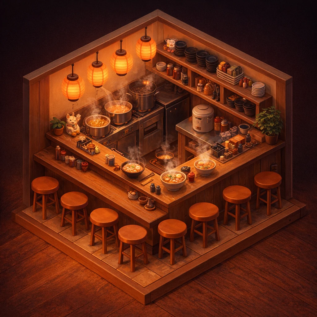 "Isometric miniature ramen shop styled for Nano Banana Pro showcase"