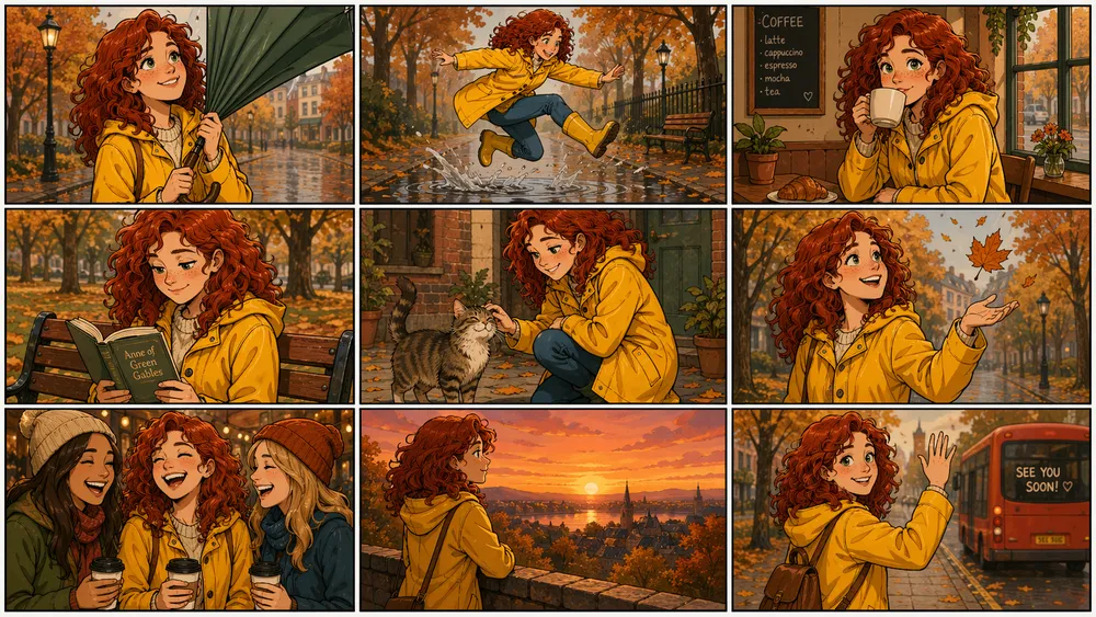 "3x3 storyboard grid keeping the same character consistent across 9 actions"