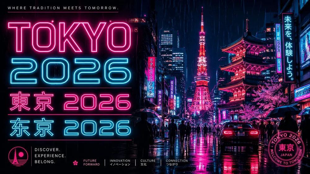 "A retro neon travel poster for Tokyo 2026 with multilingual typography"