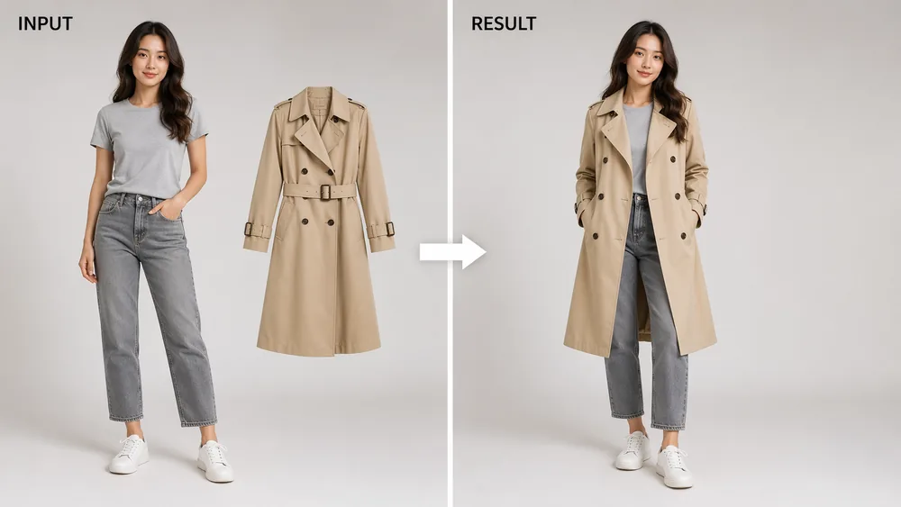 Virtual try-on example showing outfit replacement